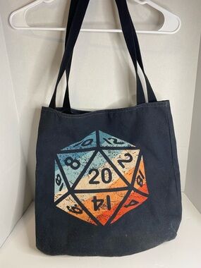 Source Unknown Black Tote with Blue-to-Orange D20 Graphic